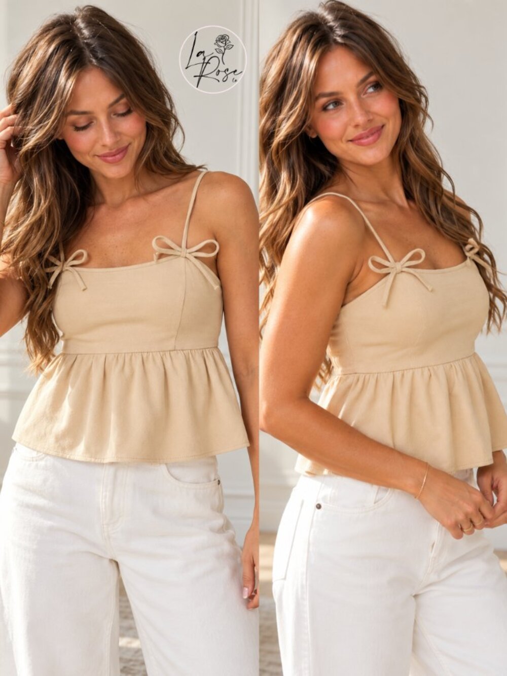 Iris Bow Detail Cami Top | Women's Tan Strappy Tank | Beige Neutral Fashion
